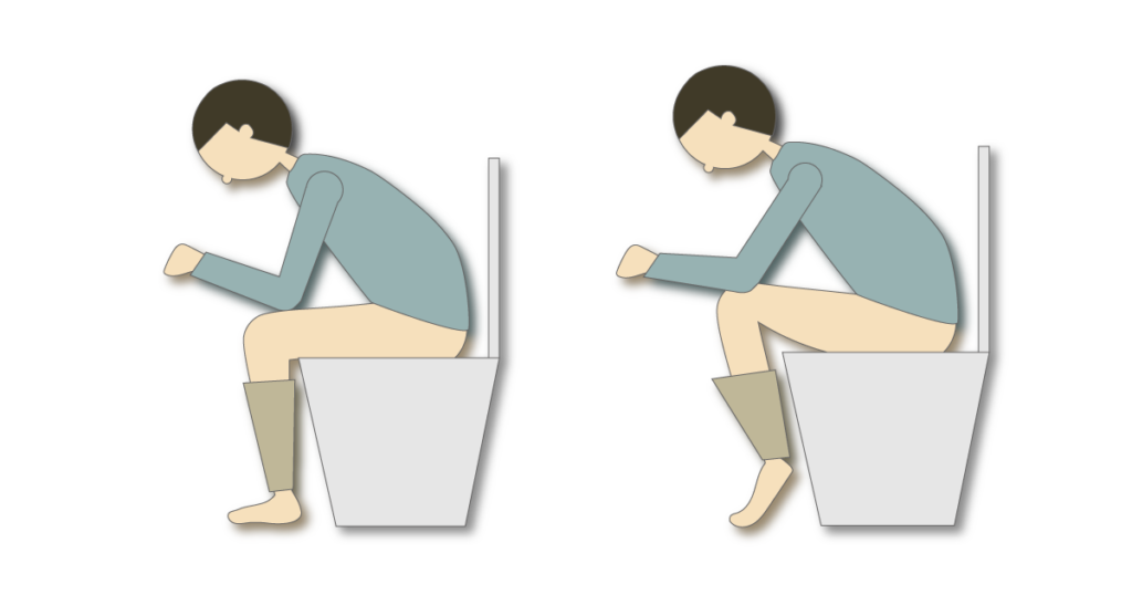 便座に座って前かがみになり、足を床につける姿勢と膝を高くする姿勢の比較
