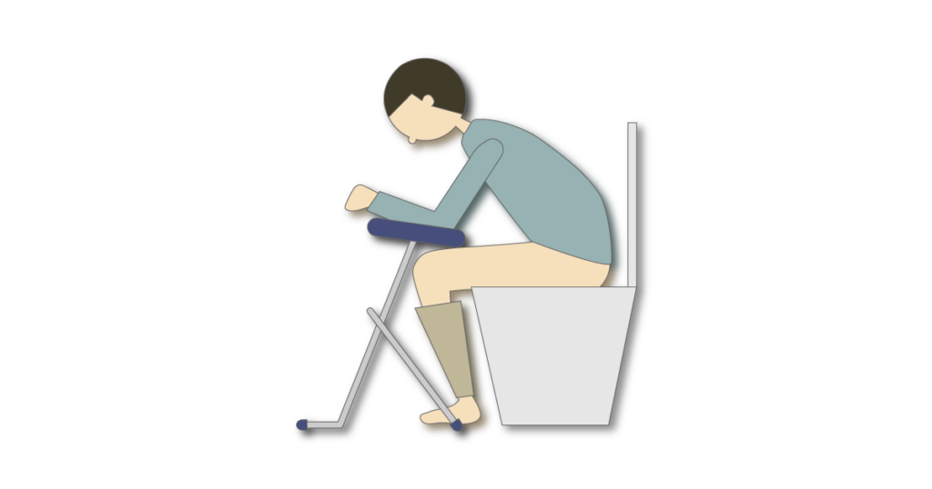 姿勢補助手すり「楽助さん」に腕を預け、前かがみでトイレに座る様子