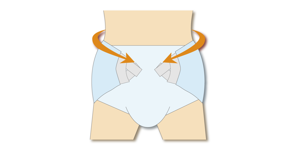 テープ型おむつの上側テープを腰側から斜め下へ留める手順を示した図
