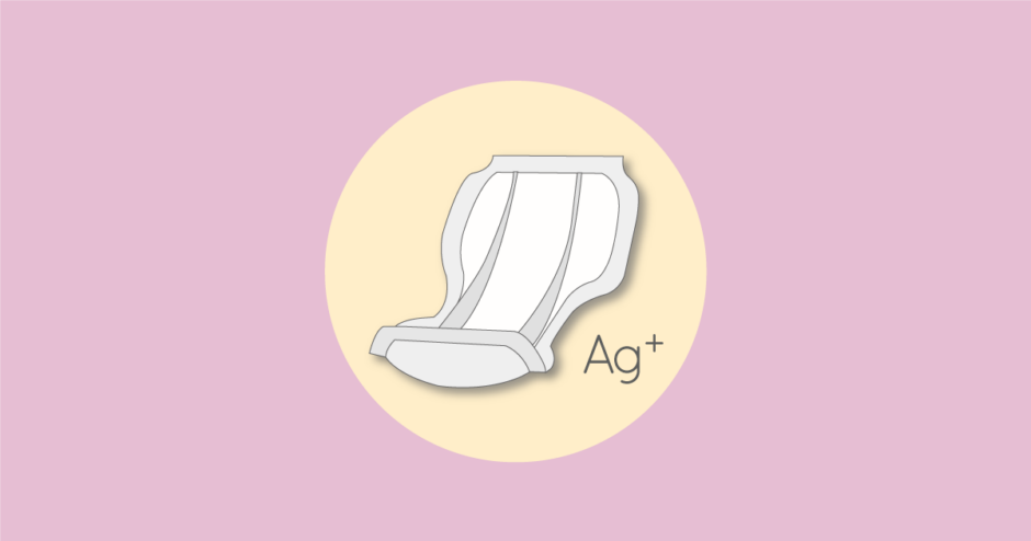 大人用紙おむつの消臭機能を示すパッドと銀イオンのイラスト