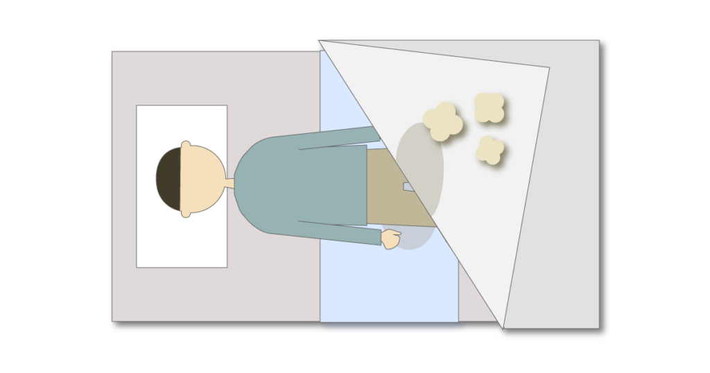 掛け布団や防水シーツに尿臭が残る様子のイラスト