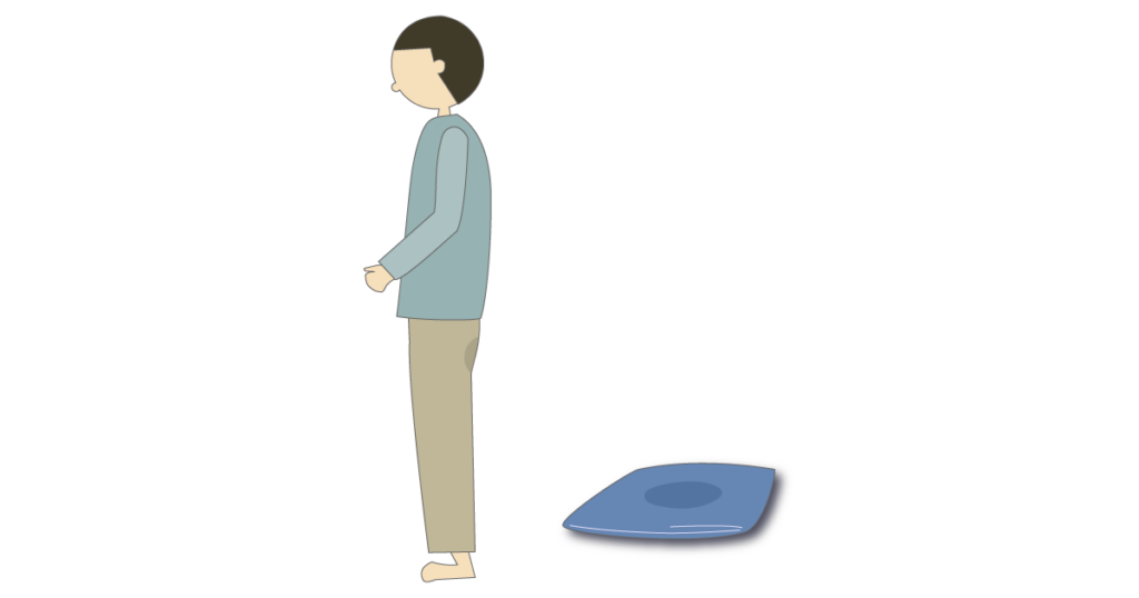 尿漏れでズボンと座布団が濡れ、臭いが残る様子のイラスト