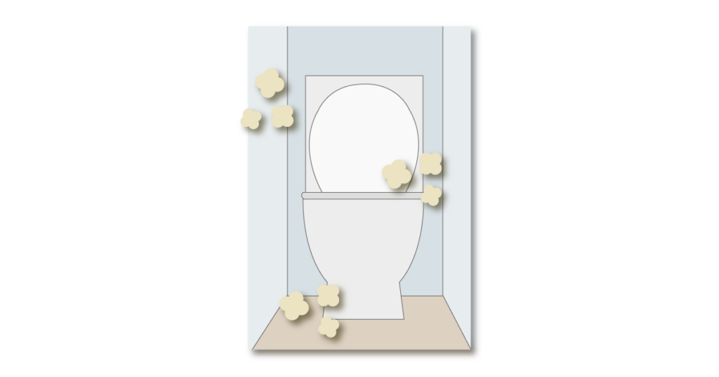 トイレの便器・床・壁に尿が飛び散り臭う様子のイラスト