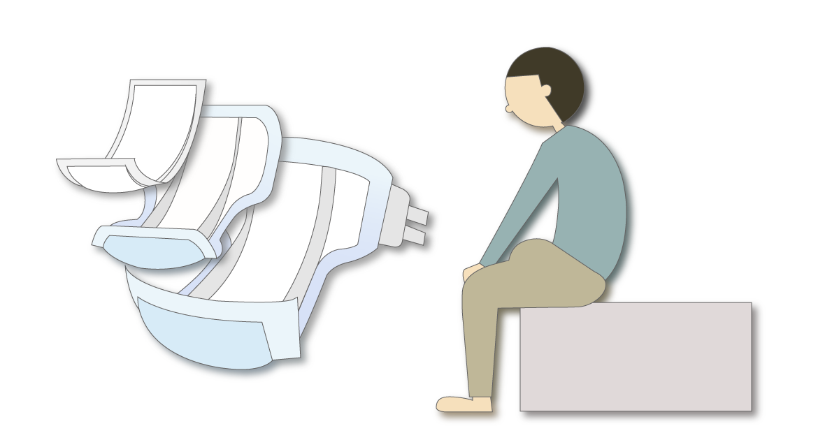 テープ型おむつ・男性用パッド・両面吸収シートの重ね付けを示す図