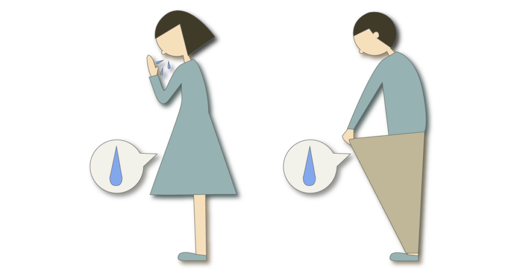くしゃみ時と排尿後の少量の尿漏れを示すイラスト