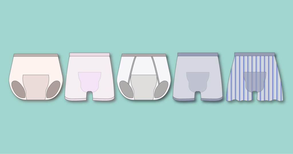 女性用と男性用の軽失禁パンツ5種類を並べたイラスト