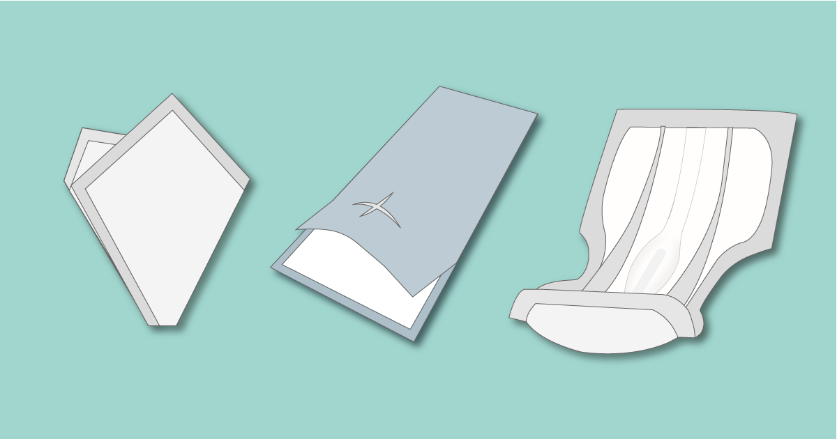 男性用パッドの主な形状。巻くタイプ、袋型、巻かずに使うタイプのイラスト