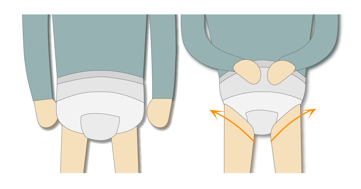 パンツ型紙おむつを前後からしっかり引き上げる手順