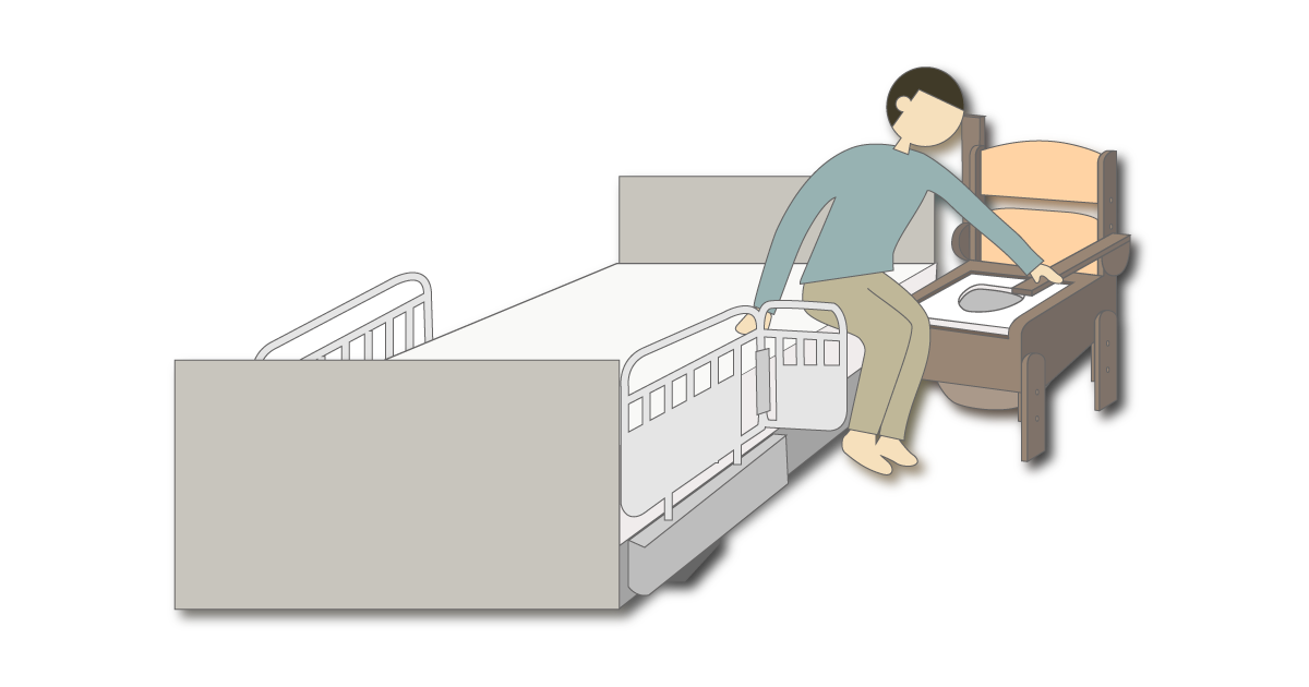 ひじ掛けを上げてベッドからポータブルトイレに移る様子
