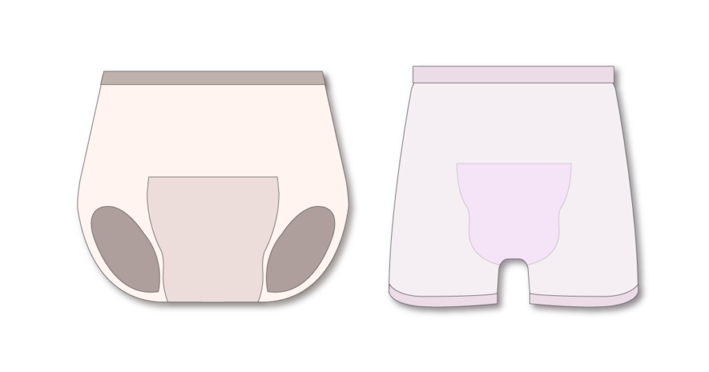 女性用軽失禁パンツのショーツ型とロング丈の比較イラスト
