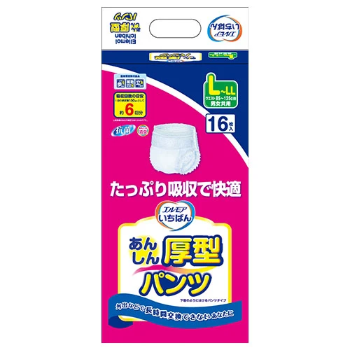 カミ商事 エルモアいちばん あんしん厚型パンツ L-LL 16枚のパッケージ